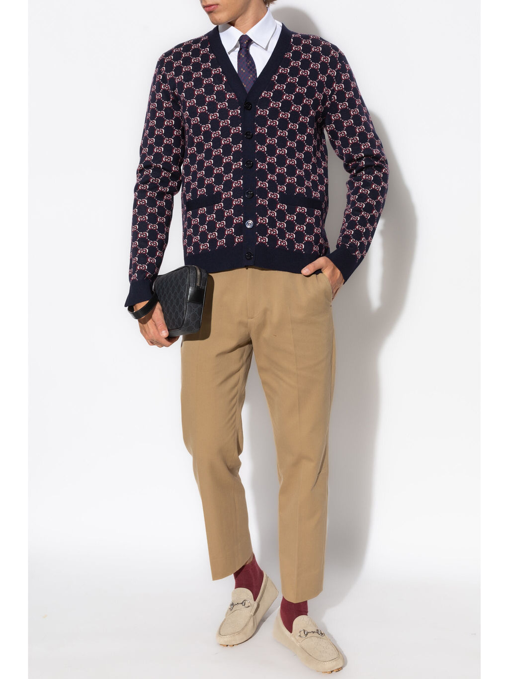 Gucci GG Logo花羊毛V領男款開襟衫 801705 XKEAP 4116